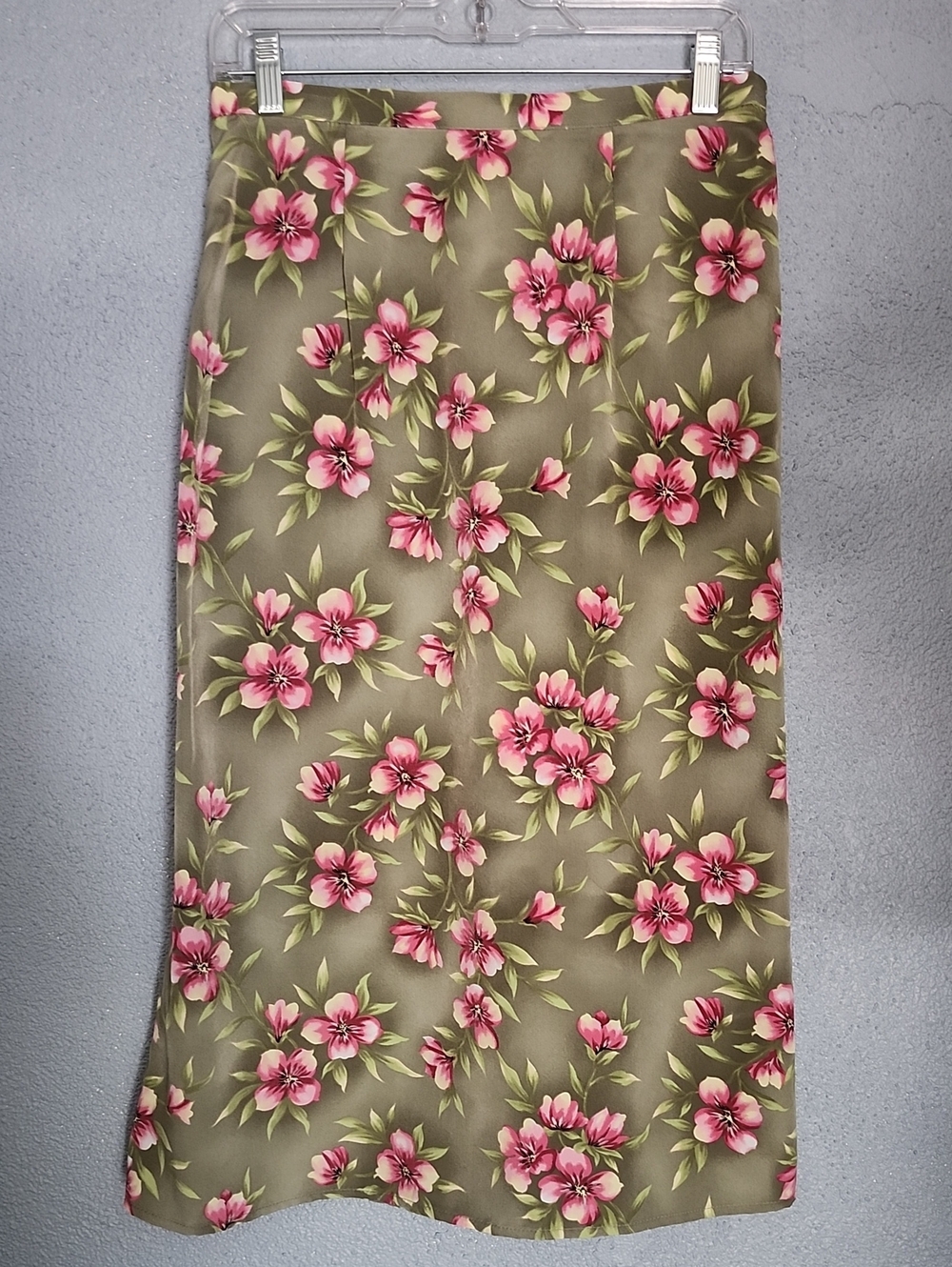Floral Midi Skirt in Olive with Pink Flowers